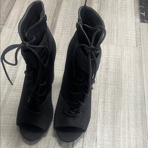 Black Lace-Up Ankle Open Toe Boots